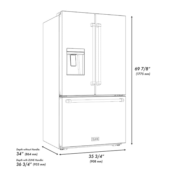 ZLINE Autograph Edition 36 in. 28.9 cu. ft. Standard-Depth French Door External Water Dispenser Refrigerator with Dual Ice Maker in Fingerprint Resistant Stainless Steel and Polished Gold Handles (RSMZ-W-36-G)