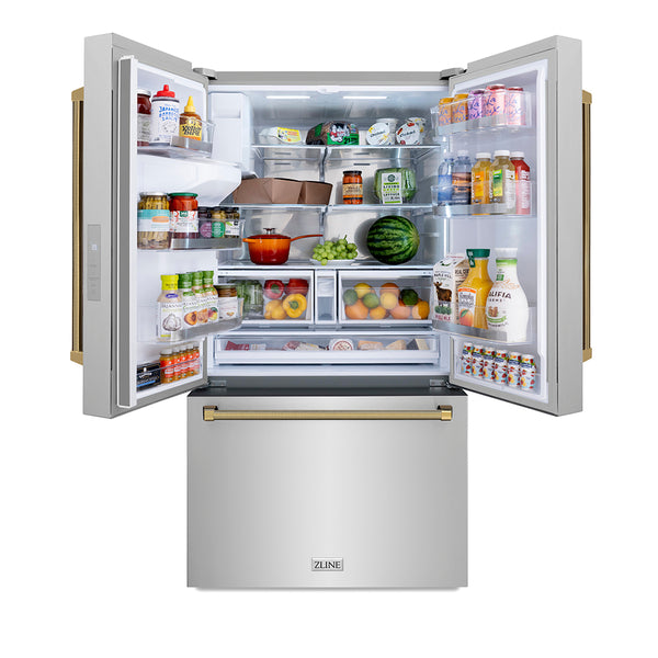 ZLINE Autograph Edition 36 in. 28.9 cu. ft. Standard-Depth French Door External Water Dispenser Refrigerator with Dual Ice Maker in Fingerprint-Resistant Stainless Steel and Polished Gold Helix Handles (RSMZ-W-36-KG)