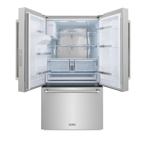 ZLINE Autograph Edition 36 in. 28.9 cu. ft. Standard-Depth French Door External Water Dispenser Refrigerator with Dual Ice Maker in Fingerprint-Resistant Stainless Steel and Polished Nickel Helix Handles (RSMZ-W-36-KPN)