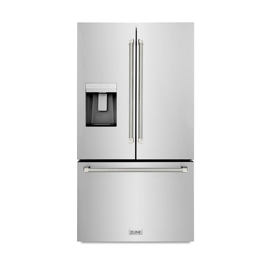 ZLINE Autograph Edition 36 in. 28.9 cu. ft. Standard-Depth French Door External Water Dispenser Refrigerator with Dual Ice Maker in Fingerprint-Resistant Stainless Steel and Polished Nickel Helix Handles (RSMZ-W-36-KPN)