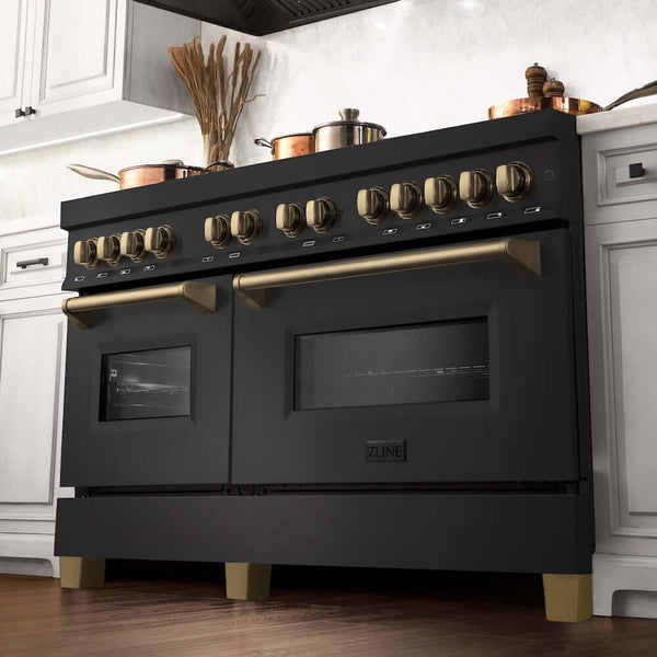 ZLINE Autograph Edition 60 in. 7.4 cu. ft. Legacy Dual Fuel Range with 9 Burner Gas Cooktop and 2 Electric Convection Ovens in Black Stainless Steel and Champagne Bronze Accents, Open Box-Good Condition