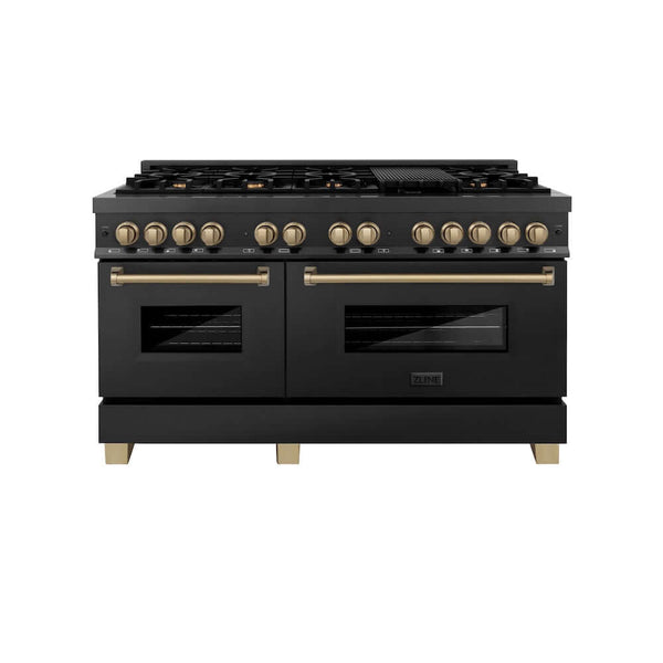 ZLINE Autograph Edition 60 in. 7.4 cu. ft. Legacy Dual Fuel Range with 9 Burner Gas Cooktop and 2 Electric Convection Ovens in Black Stainless Steel and Champagne Bronze Accents, Open Box-Good Condition