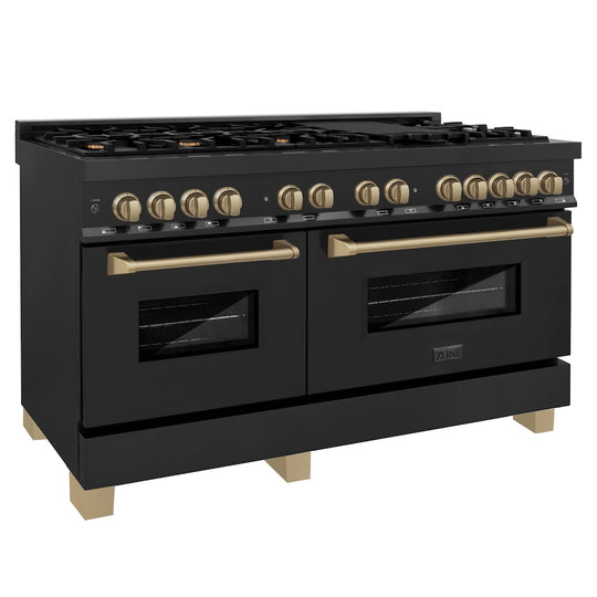 ZLINE Autograph Edition 60 in. 7.4 cu. ft. Legacy Dual Fuel Range with 9 Burner Gas Cooktop and 2 Electric Convection Ovens in Black Stainless Steel and Champagne Bronze Accents, Open Box-Great Condition