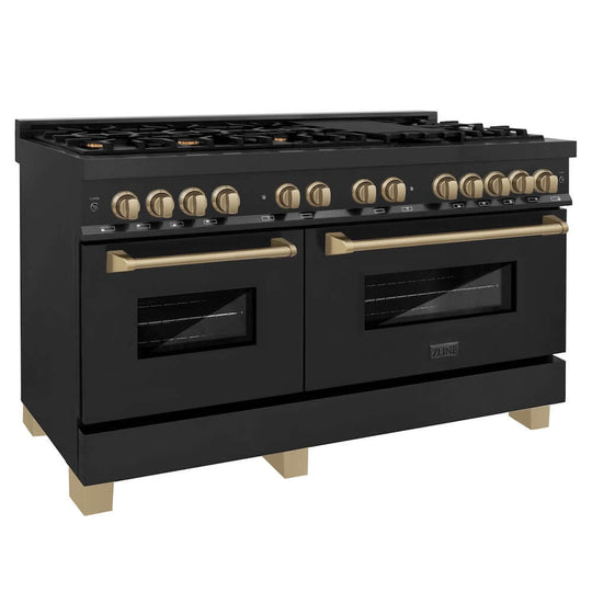 ZLINE Autograph Edition 60 in. 7.4 cu. ft. Legacy Dual Fuel Range with 9 Burner Gas Cooktop and 2 Electric Convection Ovens in Black Stainless Steel and Champagne Bronze Accents, Open Box-Good Condition