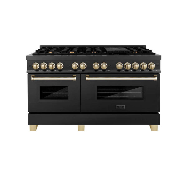ZLINE Autograph Edition 60 in. 7.4 cu. ft. Legacy Dual Fuel Range with 9 Burner Gas Cooktop and 2 Electric Convection Ovens in Black Stainless Steel and Polished Gold Accents, Open Box-Good Condition