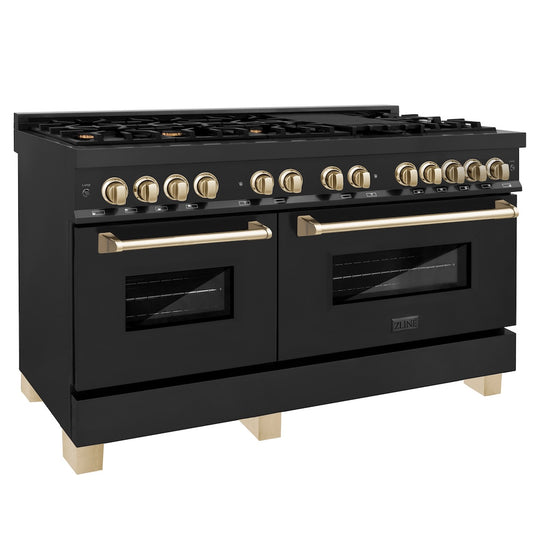 ZLINE Autograph Edition 60 in. 7.4 cu. ft. Legacy Dual Fuel Range with 9 Burner Gas Cooktop and 2 Electric Convection Ovens in Black Stainless Steel and Polished Gold Accents, Open Box-Great Condition