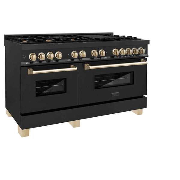 ZLINE Autograph Edition 60 in. 7.4 cu. ft. Legacy Dual Fuel Range with 9 Burner Gas Cooktop and 2 Electric Convection Ovens in Black Stainless Steel and Polished Gold Accents, Open Box-Good Condition