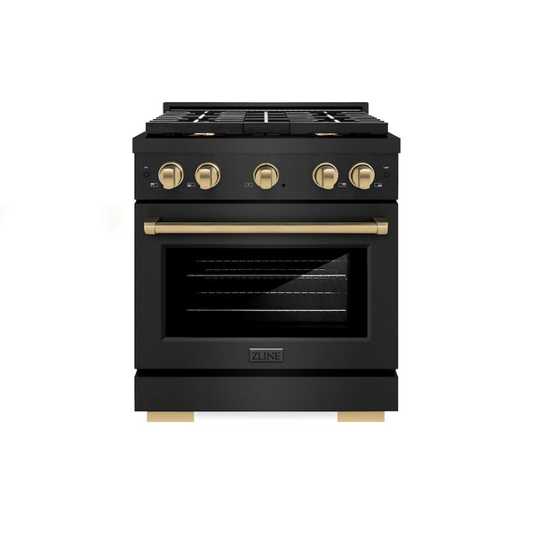 ZLINE Autograph Edition 30 in. 4.2 cu. ft. Paramount Dual Fuel Range with 4 Burner Gas Cooktop and Electric Convection Oven in Black Stainless Steel with Champagne Bronze Accents, Open Box-Great Condition
