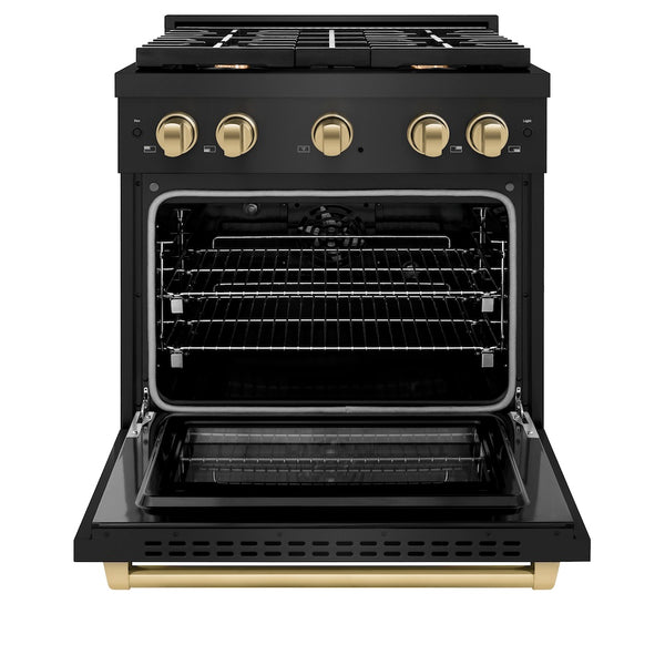ZLINE Autograph Edition 30 in. 4.2 cu. ft. Paramount Dual Fuel Range with 4 Burner Gas Cooktop and Electric Convection Oven in Black Stainless Steel with Champagne Bronze Accents, Open Box-Great Condition