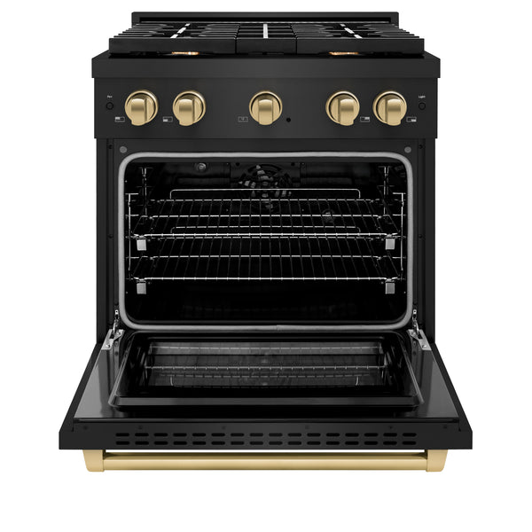 ZLINE Autograph Edition 30 in. 4.2 cu. ft. Paramount Dual Fuel Range with 4 Burner Gas Cooktop and Electric Convection Oven in Black Stainless Steel with Champagne Bronze Accents (SDRBZ-30-CB)