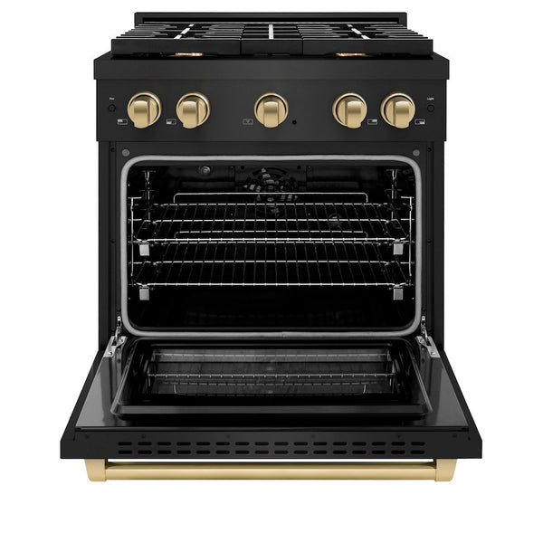 ZLINE Autograph Edition 30 in. 4.2 cu. ft. Paramount Dual Fuel Range with 4 Burner Gas Cooktop and Electric Convection Oven in Black Stainless Steel with Champagne Bronze Accents, Open Box-Good Condition