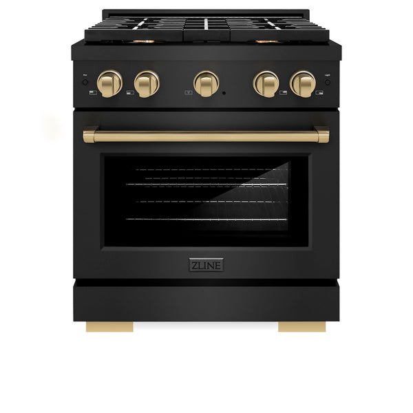 ZLINE Autograph Edition 30 in. 4.2 cu. ft. Paramount Dual Fuel Range with 4 Burner Gas Cooktop and Electric Convection Oven in Black Stainless Steel with Champagne Bronze Accents, Open Box-Great Condition