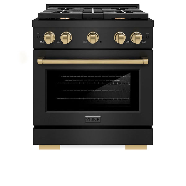 ZLINE Autograph Edition 30 in. 4.2 cu. ft. Paramount Dual Fuel Range with 4 Burner Gas Cooktop and Electric Convection Oven in Black Stainless Steel with Champagne Bronze Accents, Open Box-Good Condition