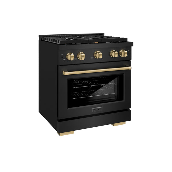 ZLINE Autograph Edition 30 in. 4.2 cu. ft. Paramount Dual Fuel Range with 4 Burner Gas Cooktop and Electric Convection Oven in Black Stainless Steel with Champagne Bronze Accents (SDRBZ-30-CB)