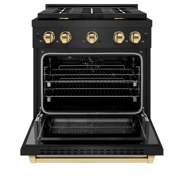 ZLINE Autograph Edition 30 in. 4.2 cu. ft. Paramount Dual Fuel Range with 4 Burner Gas Cooktop and Electric Convection Oven in Black Stainless Steel with Polished Gold Accents, Open Box-Good Condition