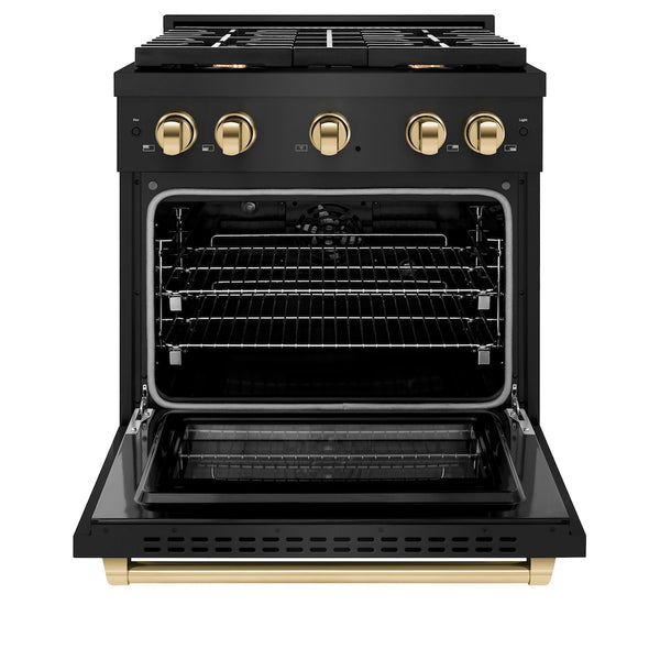 ZLINE Autograph Edition 30 in. 4.2 cu. ft. Paramount Dual Fuel Range with 4 Burner Gas Cooktop and Electric Convection Oven in Black Stainless Steel with Polished Gold Accents, Open Box-Great Condition
