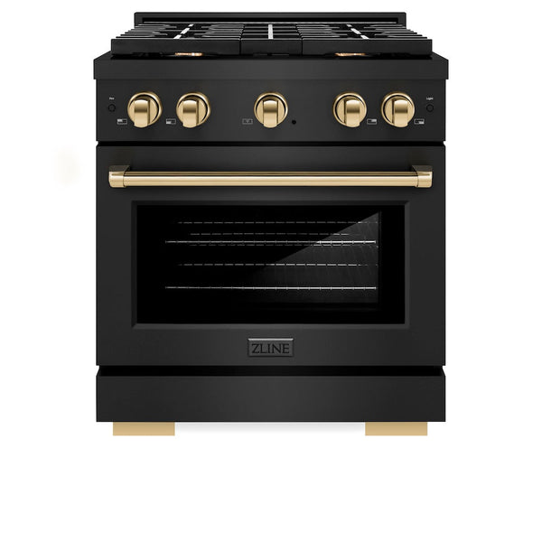 ZLINE Autograph Edition 30 in. 4.2 cu. ft. Paramount Dual Fuel Range with 4 Burner Gas Cooktop and Electric Convection Oven in Black Stainless Steel with Polished Gold Accents, Open Box-Good Condition