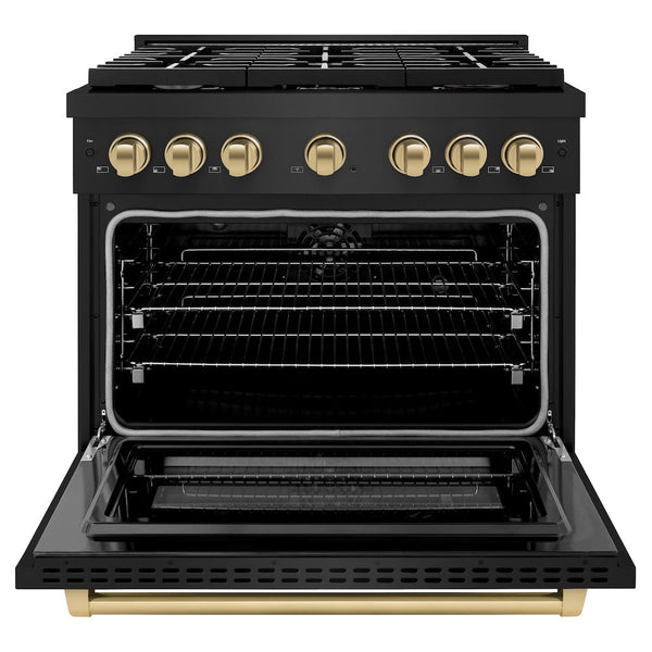 ZLINE Autograph Edition 36 in. 5.2 cu. ft. Paramount Dual Fuel Range with 6 Burner Gas Cooktop and Electric Convection Oven in Black Stainless Steel with Champagne Bronze Accents, Open Box-Good Condition