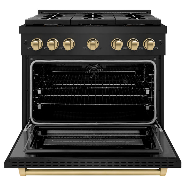 ZLINE Autograph Edition 36 in. 5.2 cu. ft. Paramount Dual Fuel Range with 6 Burner Gas Cooktop and Electric Convection Oven in Black Stainless Steel with Champagne Bronze Accents, Open Box-Great Condition