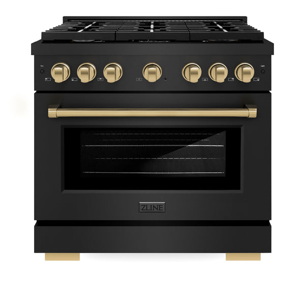 ZLINE Autograph Edition 36 in. 5.2 cu. ft. Paramount Dual Fuel Range with 6 Burner Gas Cooktop and Electric Convection Oven in Black Stainless Steel with Champagne Bronze Accents, Open Box-Great Condition
