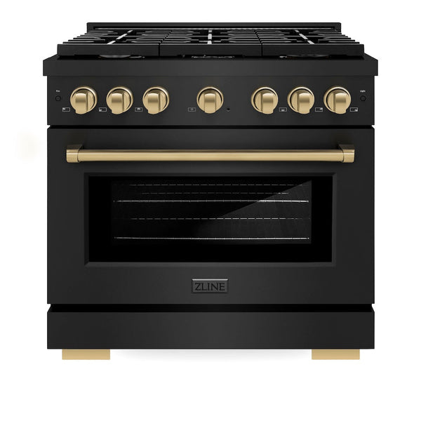 ZLINE Autograph Edition 36 in. 5.2 cu. ft. Paramount Dual Fuel Range with 6 Burner Gas Cooktop and Electric Convection Oven in Black Stainless Steel with Champagne Bronze Accents, Open Box-Good Condition