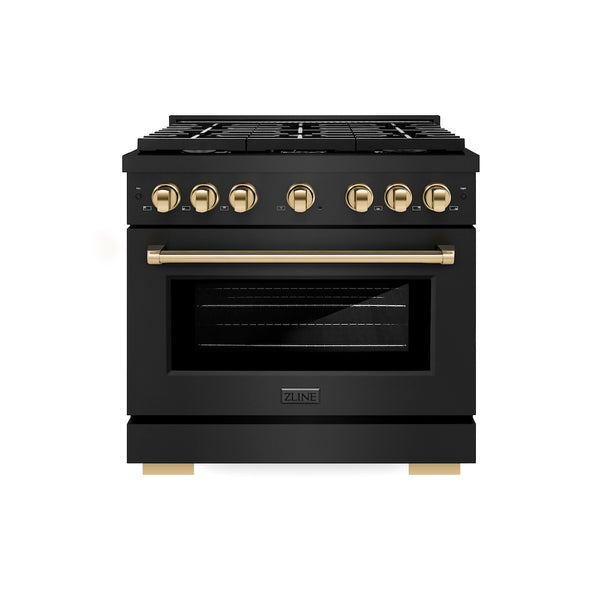 ZLINE Autograph Edition 36 in. 5.2 cu. ft. Paramount Dual Fuel Range with 6 Burner Gas Cooktop and Electric Convection Oven in Black Stainless Steel with Polished Gold Accents, Open Box-Great Condition
