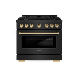 ZLINE Autograph Edition 36 in. 5.2 cu. ft. Paramount Dual Fuel Range with 6 Burner Gas Cooktop and Electric Convection Oven in Black Stainless Steel with Polished Gold Accents (SDRBZ-36-G)