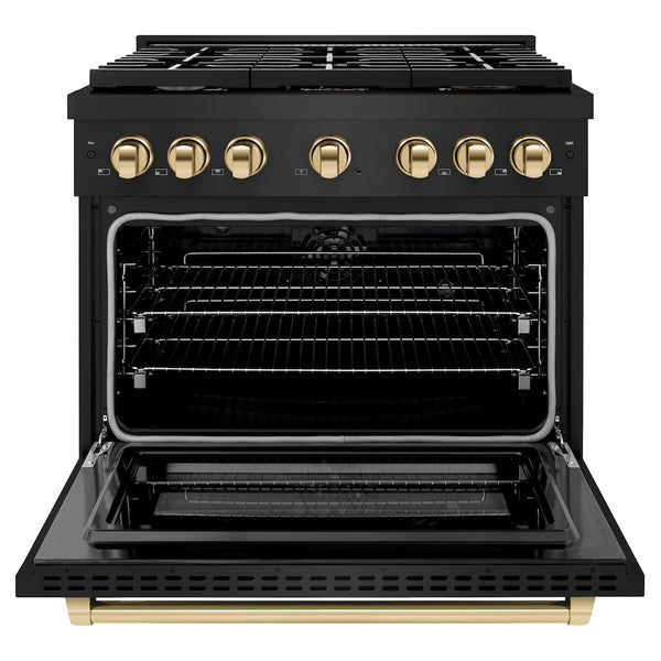 ZLINE Autograph Edition 36 in. 5.2 cu. ft. Paramount Dual Fuel Range with 6 Burner Gas Cooktop and Electric Convection Oven in Black Stainless Steel with Polished Gold Accents, Open Box-Great Condition