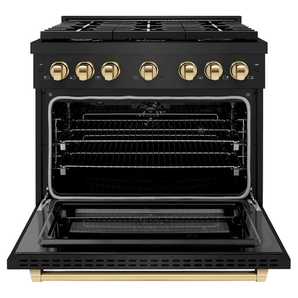 ZLINE Autograph Edition 36 in. 5.2 cu. ft. Paramount Dual Fuel Range with 6 Burner Gas Cooktop and Electric Convection Oven in Black Stainless Steel with Polished Gold Accents, Open Box-Good Condition