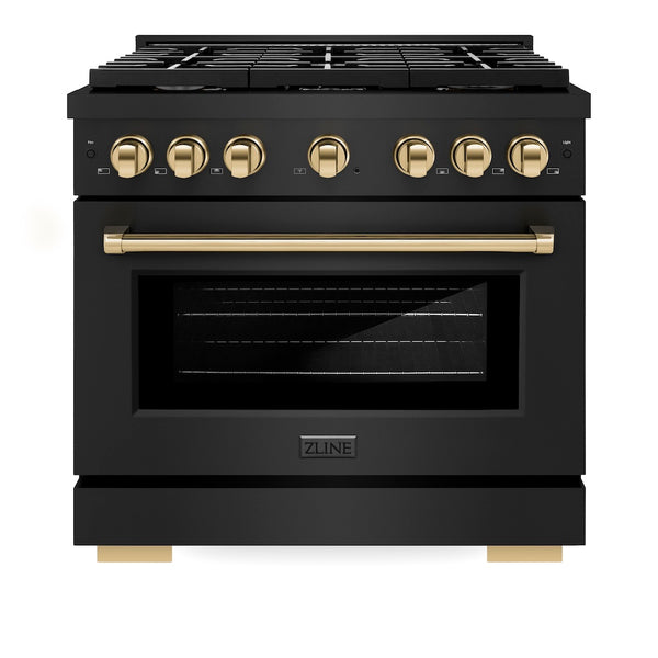 ZLINE Autograph Edition 36 in. 5.2 cu. ft. Paramount Dual Fuel Range with 6 Burner Gas Cooktop and Electric Convection Oven in Black Stainless Steel with Polished Gold Accents, Open Box-Great Condition
