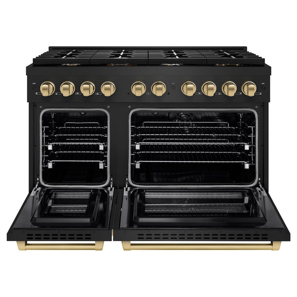ZLINE Autograph Edition 48 in. 6.7 cu. ft. Paramount Double Oven Dual Fuel Range with 8 Burner Gas Cooktop in Black Stainless Steel and Champagne Bronze Accents, Open Box-Good Condition
