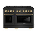 ZLINE Autograph Edition 48 in. 6.7 cu. ft. Paramount Double Oven Dual Fuel Range with 8 Burner Gas Cooktop in Black Stainless Steel and Champagne Bronze Accents (SDRBZ-48-CB)