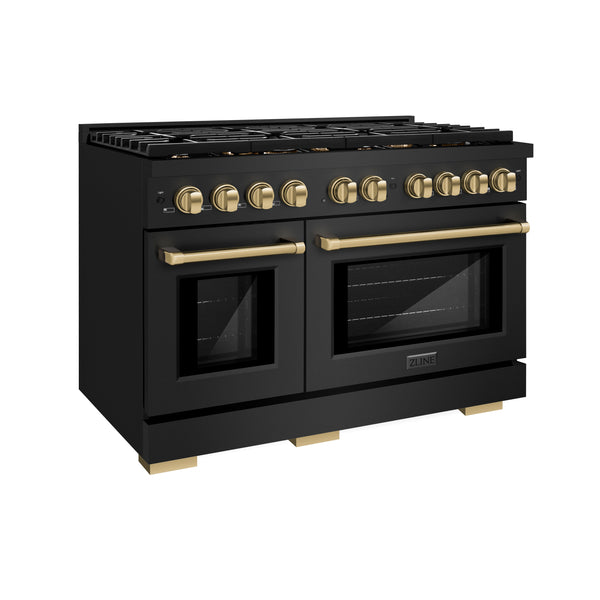 ZLINE Autograph Edition 48 in. 6.7 cu. ft. Paramount Double Oven Dual Fuel Range with 8 Burner Gas Cooktop in Black Stainless Steel and Champagne Bronze Accents (SDRBZ-48-CB)