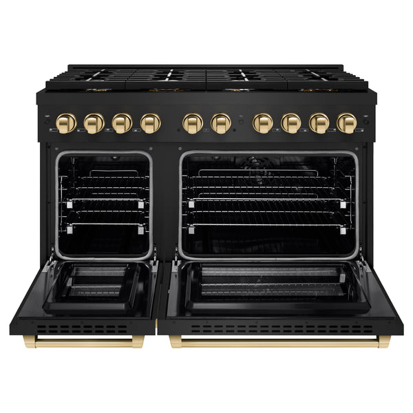 ZLINE Autograph Edition 48 in. 6.7 cu. ft. Paramount Double Oven Dual Fuel Range with 8 Burner Gas Cooktop in Black Stainless Steel and Polished Gold Accents (SDRBZ-48-G)