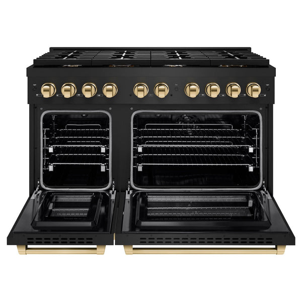 ZLINE Autograph Edition 48 in. 6.7 cu. ft. Paramount Double Oven Dual Fuel Range with 8 Burner Gas Cooktop in Black Stainless Steel and Polished Gold Accents, Open Box-Good Condition