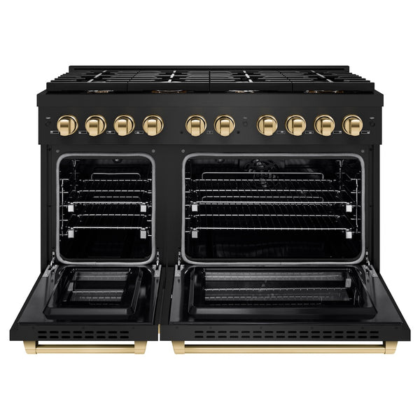 ZLINE Autograph Edition 48 in. 6.7 cu. ft. Paramount Double Oven Dual Fuel Range with 8 Burner Gas Cooktop in Black Stainless Steel and Polished Gold Accents, Open Box-Great Condition