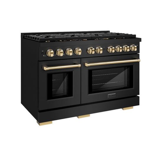 ZLINE Autograph Edition 48 in. 6.7 cu. ft. Paramount Double Oven Dual Fuel Range with 8 Burner Gas Cooktop in Black Stainless Steel and Polished Gold Accents, Open Box-Great Condition