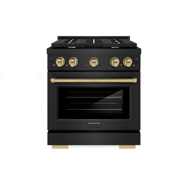 ZLINE Autograph Edition 30 in. 4.2 cu. ft. Paramount Gas Range with 4 Burner Cooktop and Convection Gas Oven in Black Stainless Steel and Champagne Bronze Accents, Open Box-Great Condition