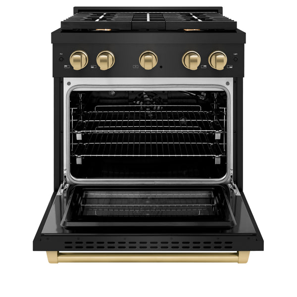 ZLINE Autograph Edition 30 in. 4.2 cu. ft. Paramount Gas Range with 4 Burner Cooktop and Convection Gas Oven in Black Stainless Steel and Champagne Bronze Accents, Open Box-Great Condition