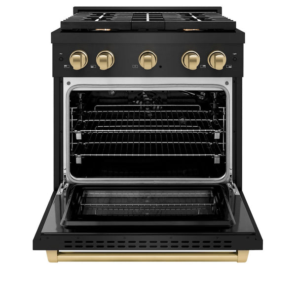 ZLINE Autograph Edition 30 in. 4.2 cu. ft. Paramount Gas Range with 4 Burner Cooktop and Convection Gas Oven in Black Stainless Steel and Champagne Bronze Accents, Open Box-Good Condition