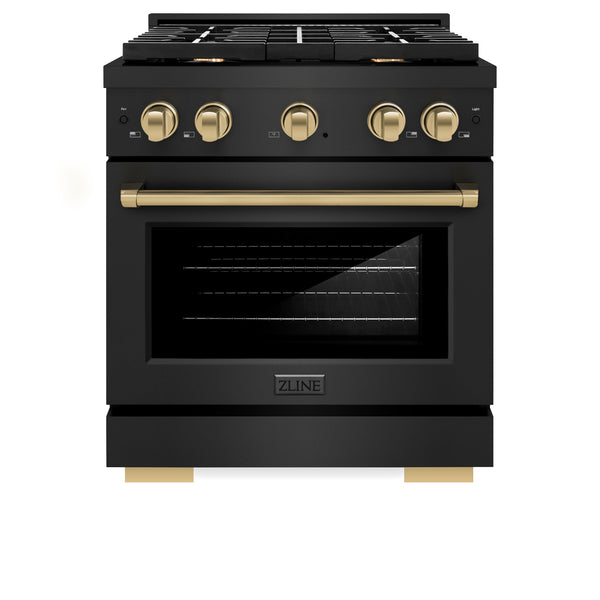 ZLINE Autograph Edition 30 in. 4.2 cu. ft. Paramount Gas Range with 4 Burner Cooktop and Convection Gas Oven in Black Stainless Steel and Champagne Bronze Accents (SGRBZ-30-CB)