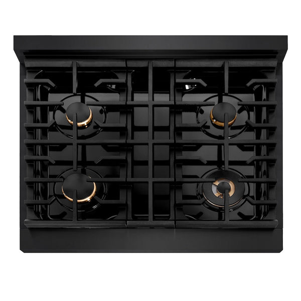 ZLINE Autograph Edition 30 in. 4.2 cu. ft. Paramount Gas Range with 4 Burner Cooktop and Convection Gas Oven in Black Stainless Steel and Champagne Bronze Accents, Open Box-Good Condition