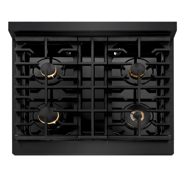 ZLINE Autograph Edition 30 in. 4.2 cu. ft. Paramount Gas Range with 4 Burner Cooktop and Convection Gas Oven in Black Stainless Steel and Champagne Bronze Accents, Open Box-Great Condition