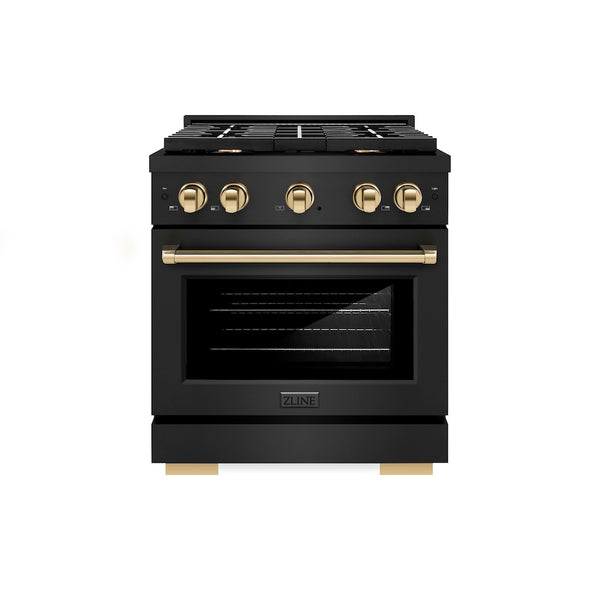 ZLINE Autograph Edition 30 in. 4.2 cu. ft. Paramount Gas Range with 4 Burner Cooktop and Convection Gas Oven in Black Stainless Steel and Polished Gold Accents, Open Box-Great Condition