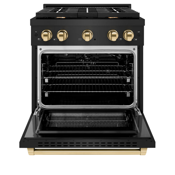 ZLINE Autograph Edition 30 in. 4.2 cu. ft. Paramount Gas Range with 4 Burner Cooktop and Convection Gas Oven in Black Stainless Steel and Polished Gold Accents (SGRBZ-30-G)