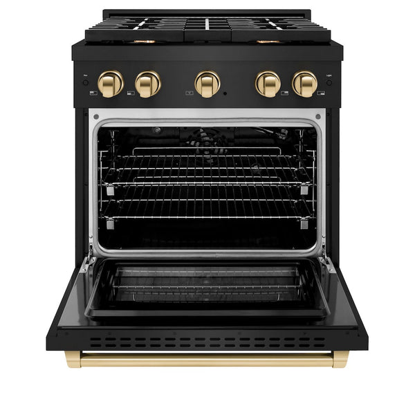 ZLINE Autograph Edition 30 in. 4.2 cu. ft. Paramount Gas Range with 4 Burner Cooktop and Convection Gas Oven in Black Stainless Steel and Polished Gold Accents, Open Box-Good Condition