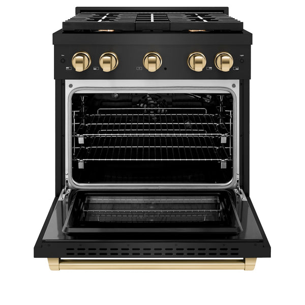 ZLINE Autograph Edition 30 in. 4.2 cu. ft. Paramount Gas Range with 4 Burner Cooktop and Convection Gas Oven in Black Stainless Steel and Polished Gold Accents, Open Box-Great Condition