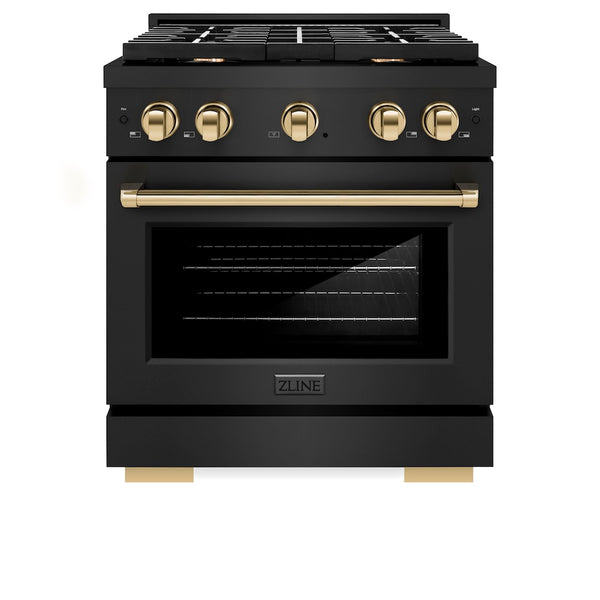 ZLINE Autograph Edition 30 in. 4.2 cu. ft. Paramount Gas Range with 4 Burner Cooktop and Convection Gas Oven in Black Stainless Steel and Polished Gold Accents, Open Box-Great Condition