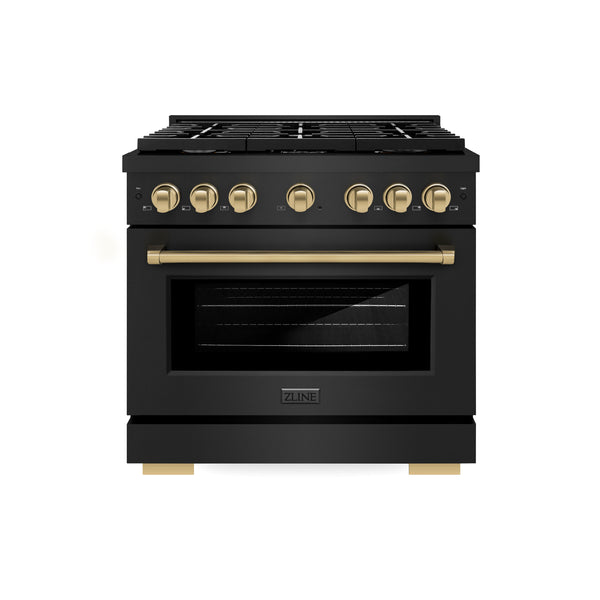 ZLINE Autograph Edition 36 in. 5.2 cu. ft. Paramount Gas Range with 6 Burner Cooktop and Convection Gas Oven in Black Stainless Steel and Champagne Bronze Accents, Open Box-Great Condition