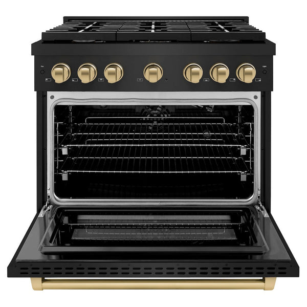ZLINE Autograph Edition 36 in. 5.2 cu. ft. Paramount Gas Range with 6 Burner Cooktop and Convection Gas Oven in Black Stainless Steel and Champagne Bronze Accents, Open Box-Good Condition